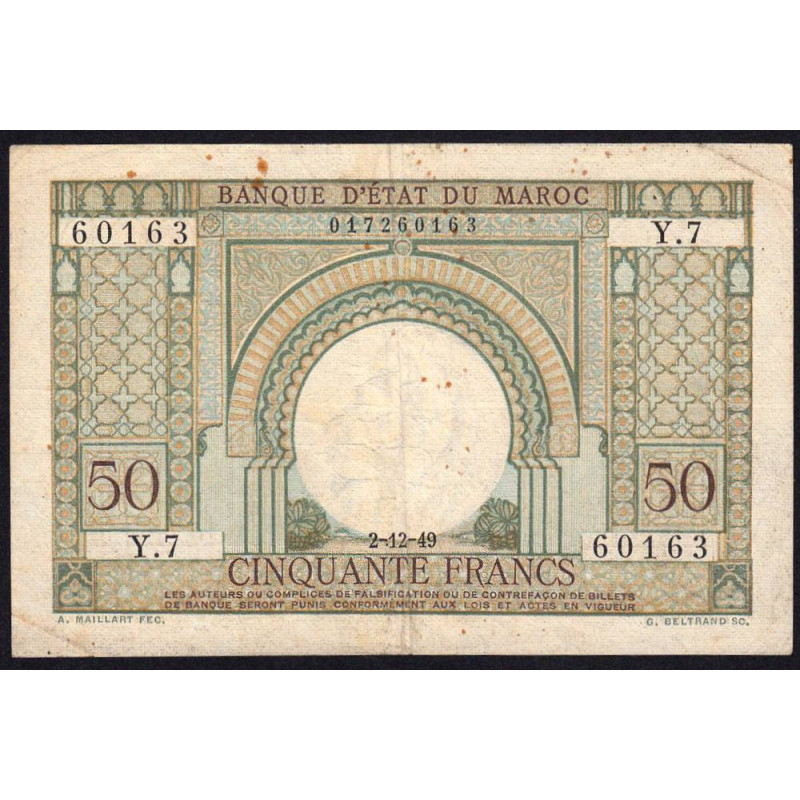 Maroc - Pick 44 - 50 francs - Série Y.7 - 02/12/1949 - Etat : TB