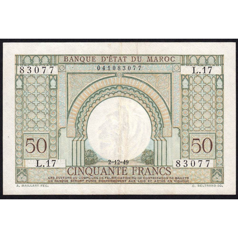 Maroc - Pick 44 - 50 francs - Série L.17 - 02/12/1949 - Etat : TTB