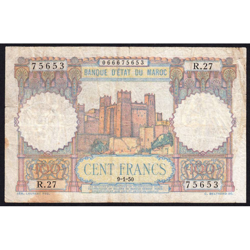 Maroc - Pick 45_2 - 100 francs - Série R.27 - 09/01/1950 - Etat : TB-