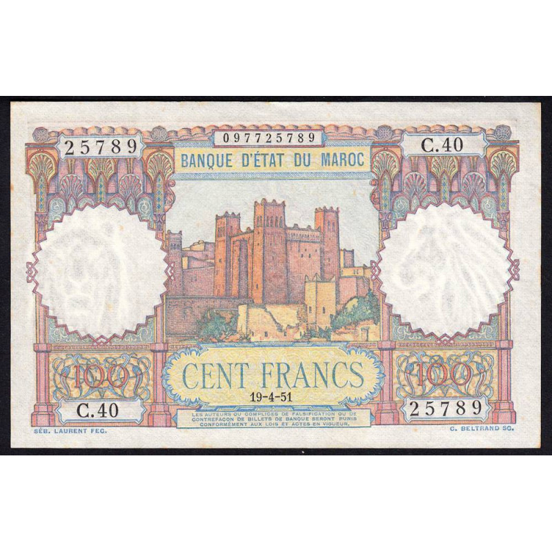 Maroc - Pick 45_3 - 100 francs - Série C.40 - 19/04/1951 - Etat : SUP+