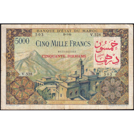 Maroc - Pick 51 - 50 dirhams sur 5'000 francs - Série V.528 - 1953 (1959) - Etat : TB