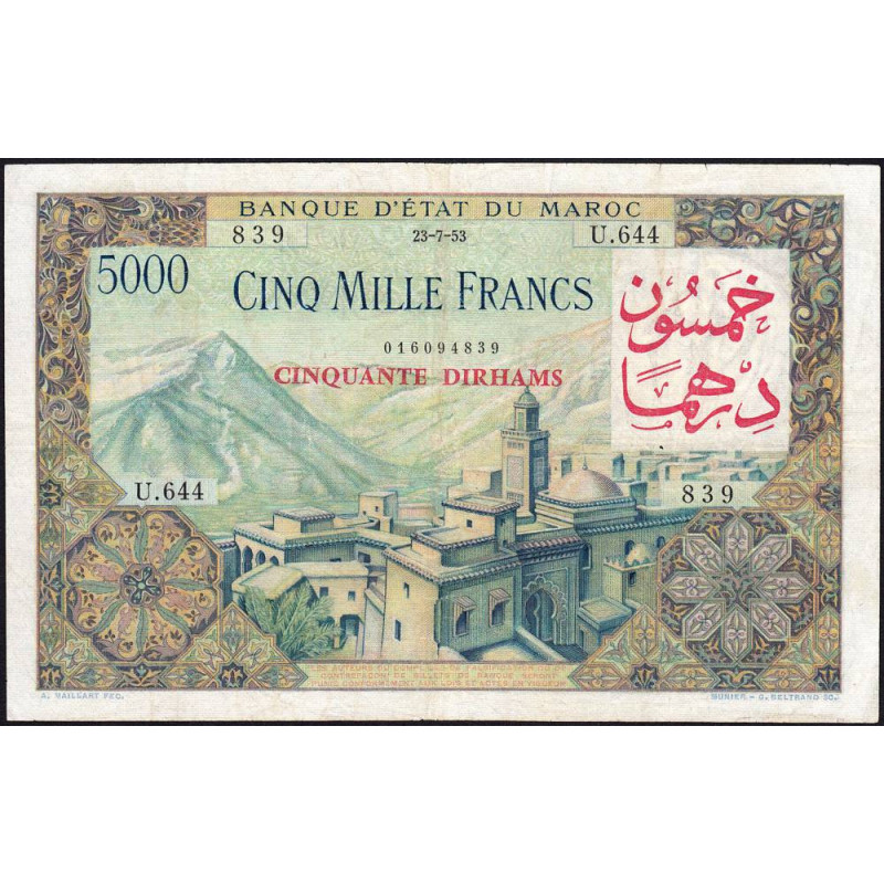 Maroc - Pick 51 - 50 dirhams sur 5'000 francs - Série U.644 - 1953 (1959) - Etat : TTB
