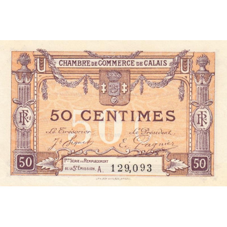 Calais - Pirot 36-33 - 50 centimes - Série A - Remplacement 5e émission (1919) - Etat : SPL