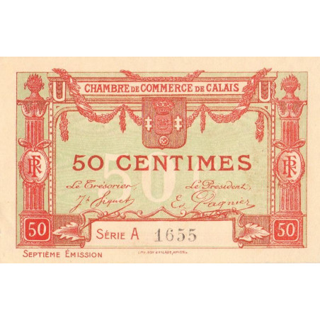 Calais - Pirot 36-40 - 50 centimes - Série A - 7e émission (1919) - Etat : SPL