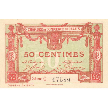 Calais - Pirot 36-40 - 50 centimes - Série C - 7e émission (1919) - Etat : SPL