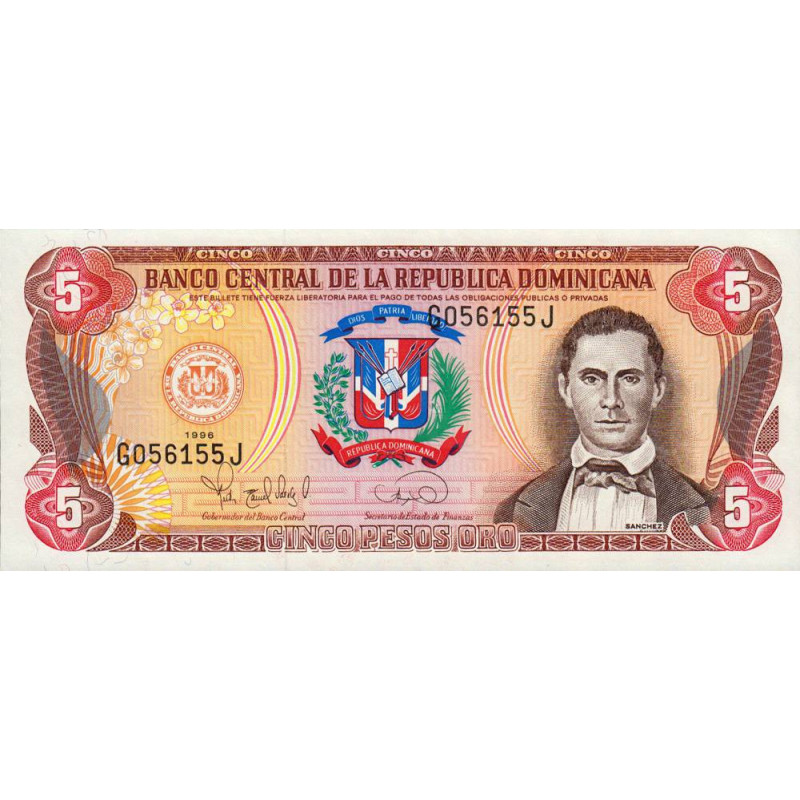 Rép. Dominicaine - Pick 152a - 5 pesos oro - 1996 - Etat : NEUF