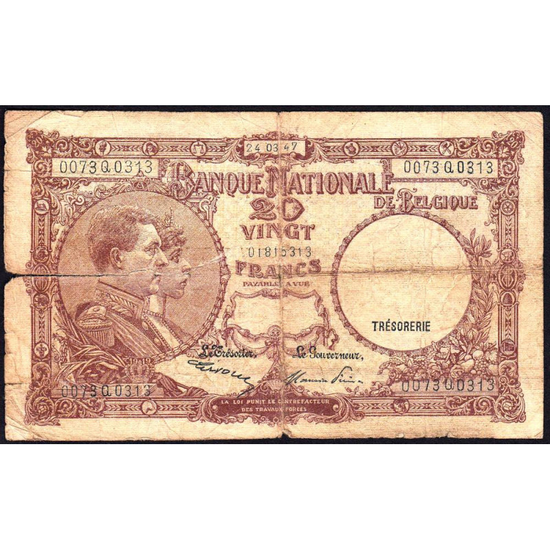 Belgique - Pick 111_5 - 20 francs - 24/03/1947 - Etat : B