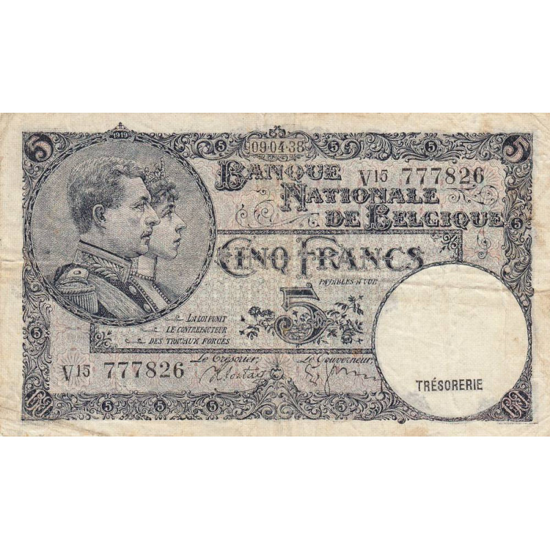 Belgique - Pick 108a - 5 francs - 09/04/1938 - Etat : TB