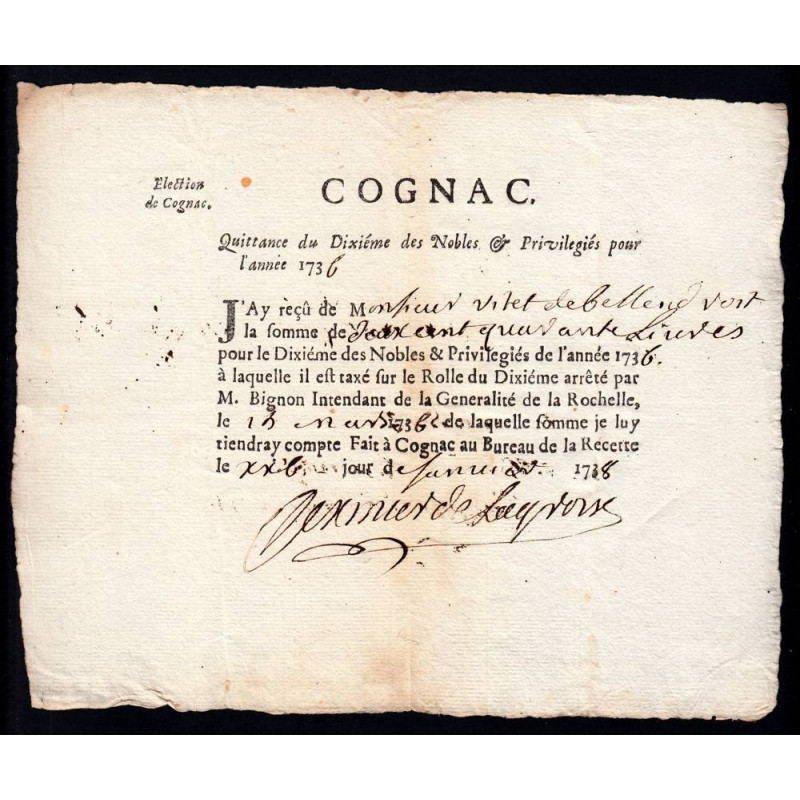 Charente - Cognac - Louis XV - 1736 - Dixième des Nobles - 240 livres - Etat : SUP