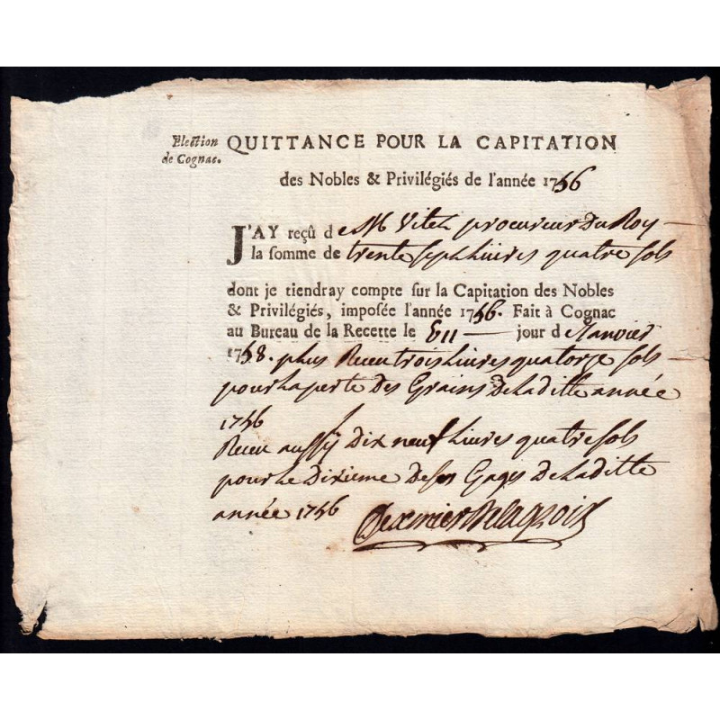 Charente - Cognac - Louis XV - 1756 - Capitation des Noble - 37 livres - Etat : SUP