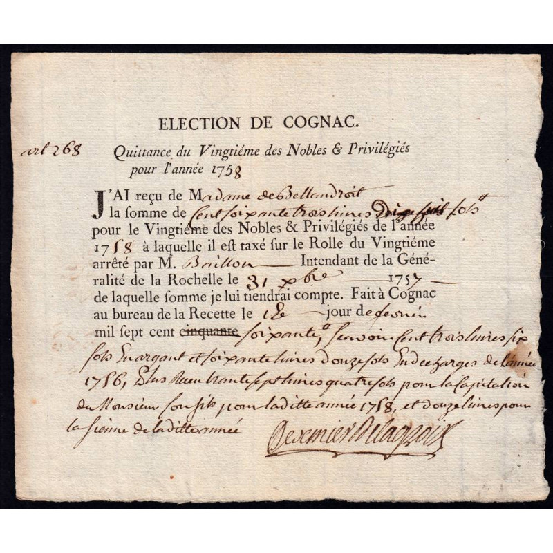Charente - Cognac - Louis XV - 1758 - Vingtième des Nobles - 163 livres - Etat : SUP