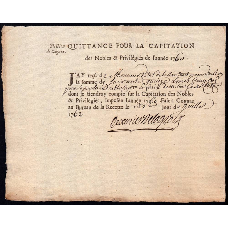 Charente - Cognac - Louis XV - 1760 - Capitation des Noble - 75 livres - Etat : SUP