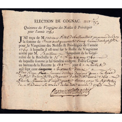 Charente - Cognac - Louis XV - 1760 - Vingtième des Nobles - 245 livres - Etat : TTB+