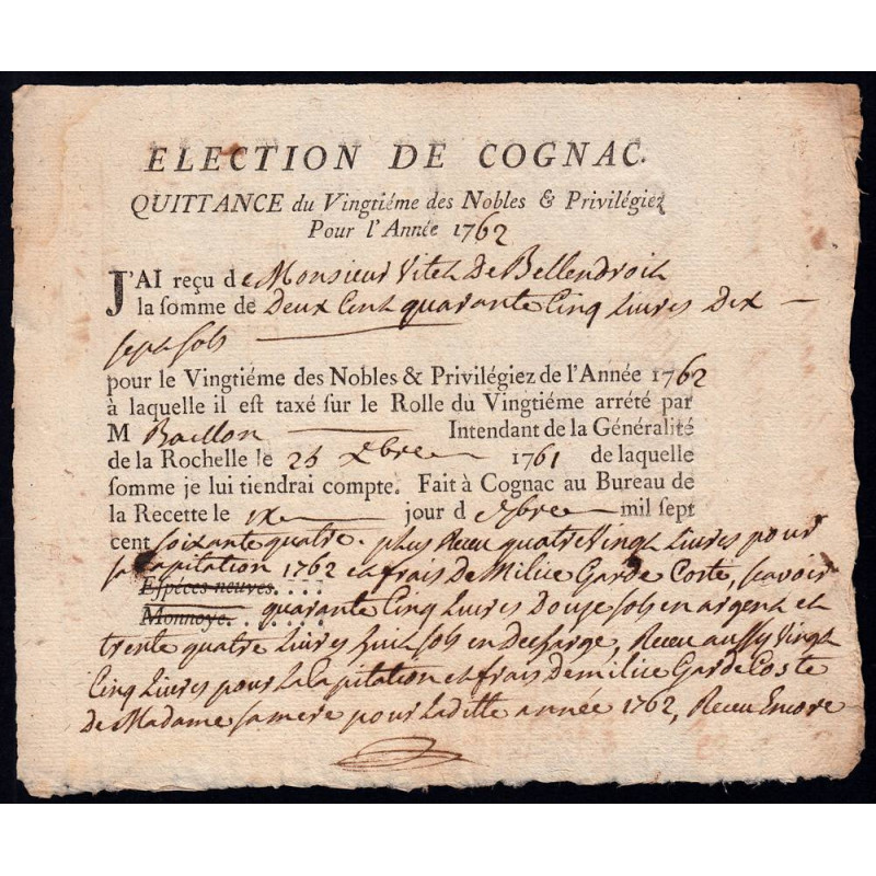 Charente - Cognac - Louis XV - 1762 - Vingtième des Nobles - 245 livres - Etat : SUP