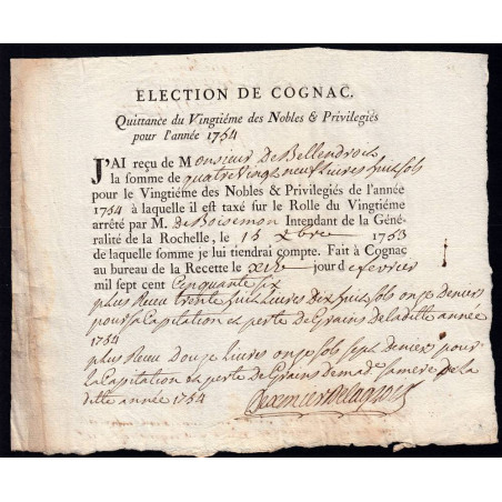 Charente - Cognac - Louis XV - 1754 - Vingtième des Nobles - 89 livres - Etat : SUP