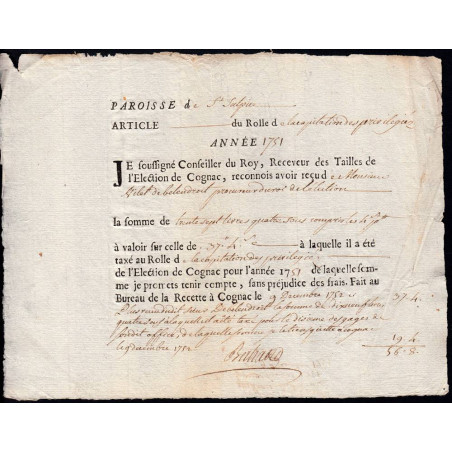 Charente - Cognac St-Sulpice - Louis XV - 1751 - Capitation des Privélégiés - 37 livres - Etat : TTB+