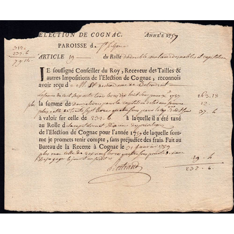 Charente - Cognac St-Sulpice - Louis XV - 1757 - Double Vingtième des Nobles - 163 livres - Etat : TB