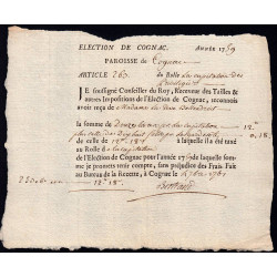 Charente - Cognac - Louis XV - 1759 - Capitation des Privilégiés - 12 livres - Etat : SUP