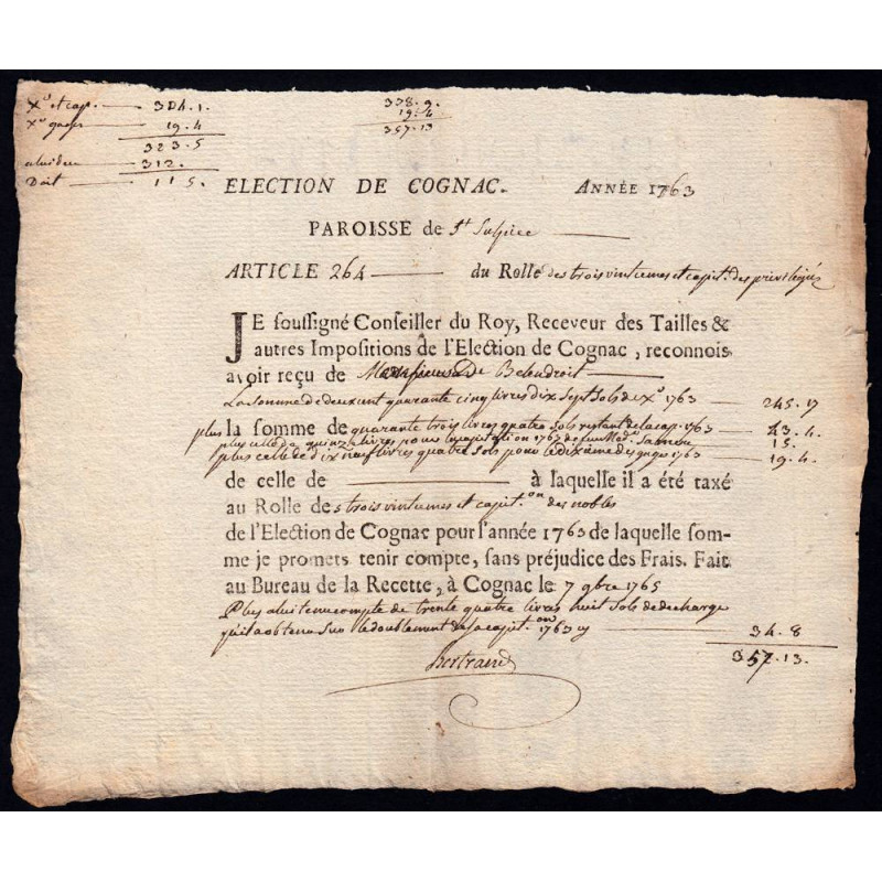 Charente - Cognac St-Sulpice - Louis XV - 1763 - Trois Vingtièmes des Nobles - 245 livres - Etat : SUP