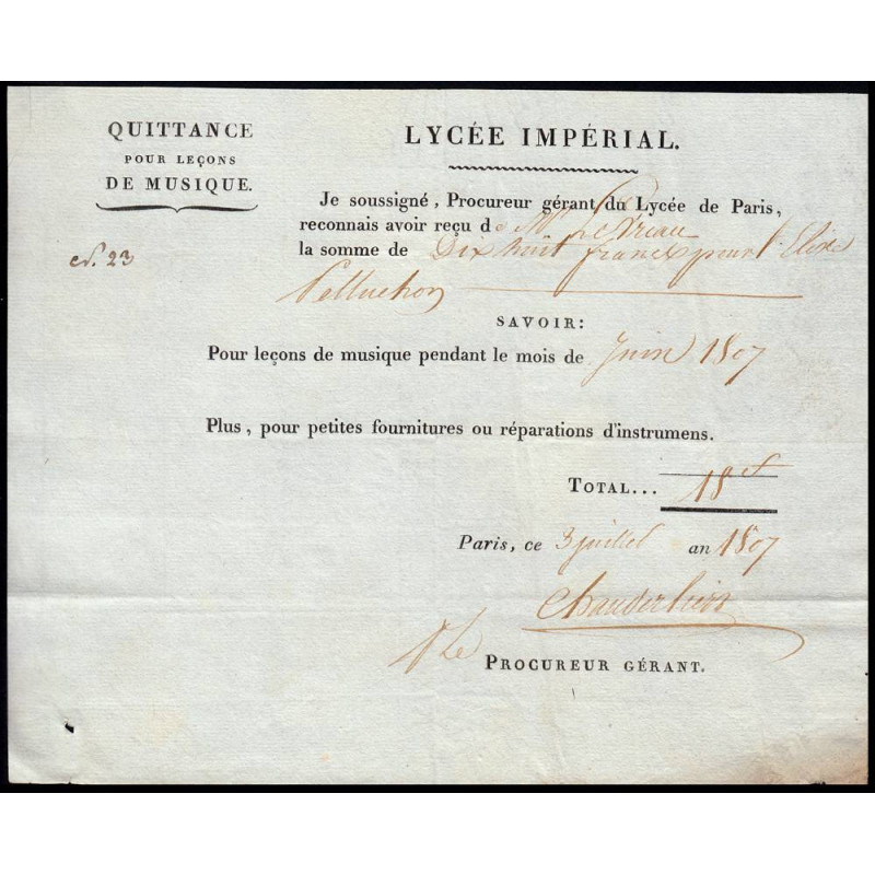 Paris - 1er empire - 1807 - Quittance Lycée Impérial - 18 francs - Etat : SUP