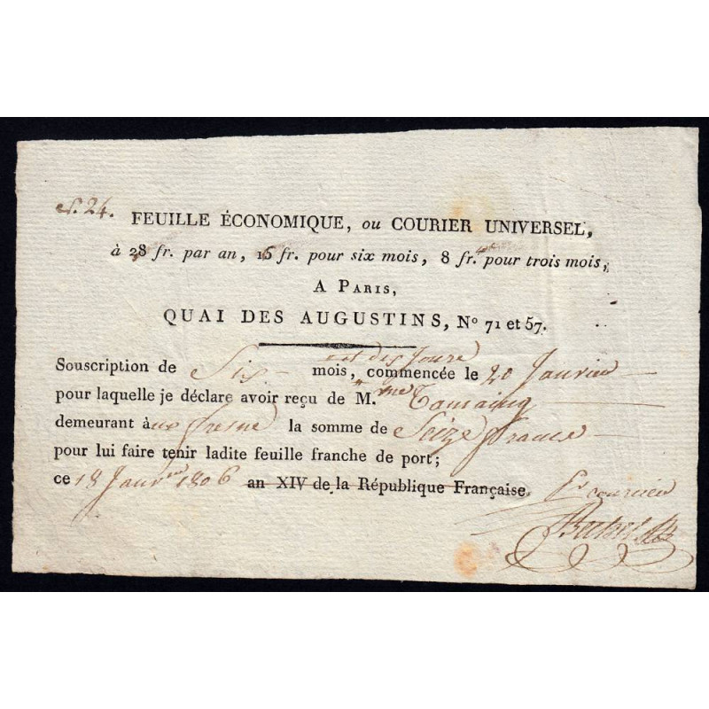 Paris - 1er empire - 1806 - Feuille Economique - 16 francs - Etat : SUP
