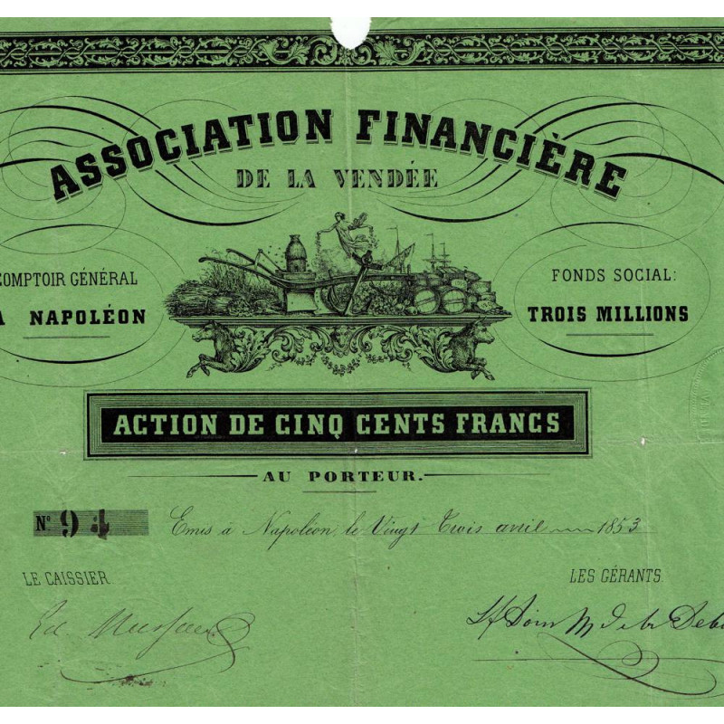 Vendée - La Roche-sur-Yon - Napoléon III - 1853 - Association Financière - 500 francs - Etat : TB