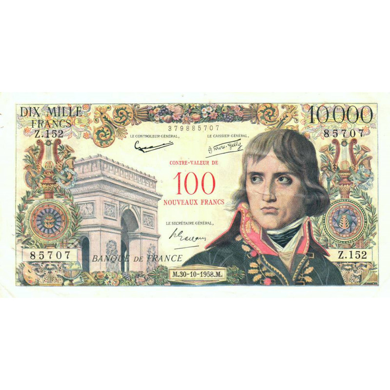 F 55-01 - 30/10/1958 - 100 nouv. francs sur 10000 francs - Bonaparte - Série Z.152 - Etat : TTB