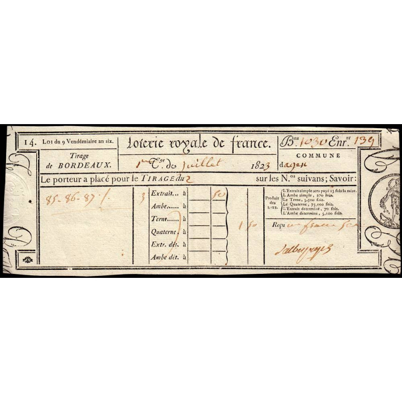 1823 - Bordeaux - Agen - Loterie Royale de France - 1 franc 50 centimes - Etat : SUP