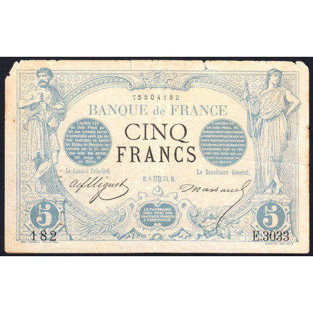 F 01-21 - 08/08/1873 - 5 francs - Noir - Série E.3033 - Etat : B+ à TB-
