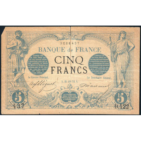 F 01-02 - 25/01/1872 - 5 francs - Noir - Série D.122 - Etat : B