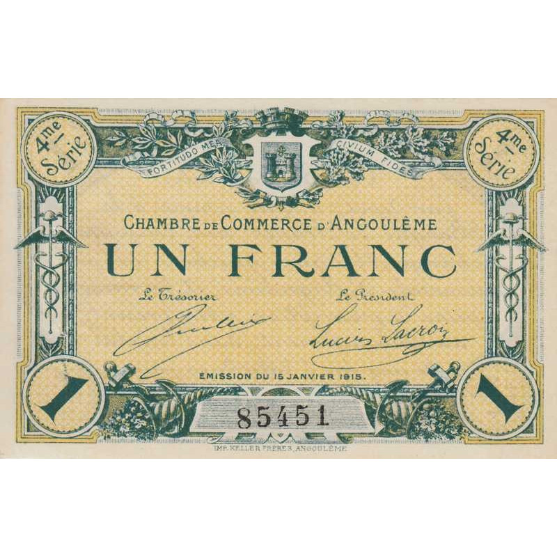 Angoulême - Pirot 9-27 - 1 franc - 4ème série - 15/01/1915 - Etat : SUP