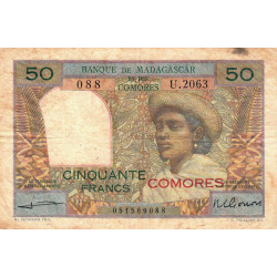 Comores - Pick 2b_2 - 50 francs - Série U.2063 - 1963 - Etat : TB-