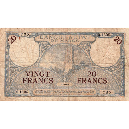 Maroc - Pick 18b_3 - 20 francs - Série O.1695 - 01/03/1945 - Etat : B+