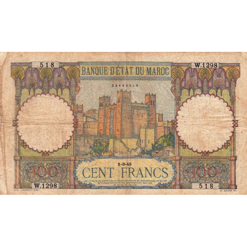 Maroc - Pick 20_4 - 100 francs - Série W.1298 (billet de remplacement) - 01/03/1945 - Etat : B+