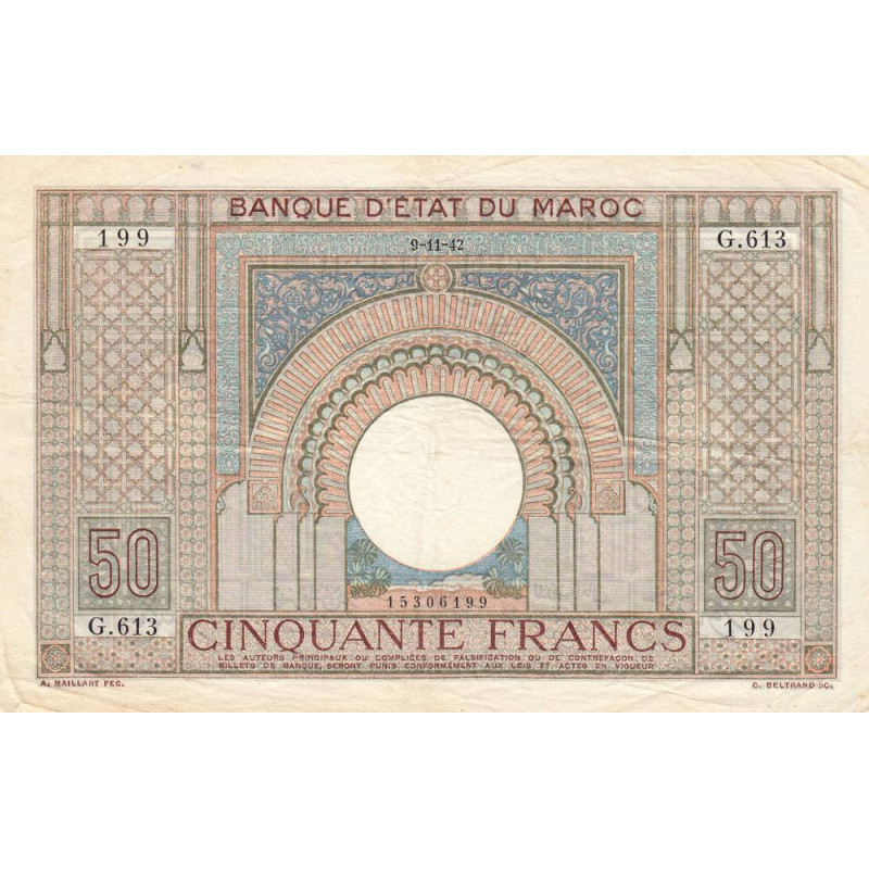 Maroc - Pick 21_3 - 50 francs - Série G.613 - 09/11/1942 - Etat : TTB