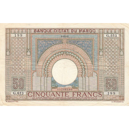 Maroc - Pick 21_3 - 50 francs - Série G.613 - 09/11/1942 - Etat : TTB