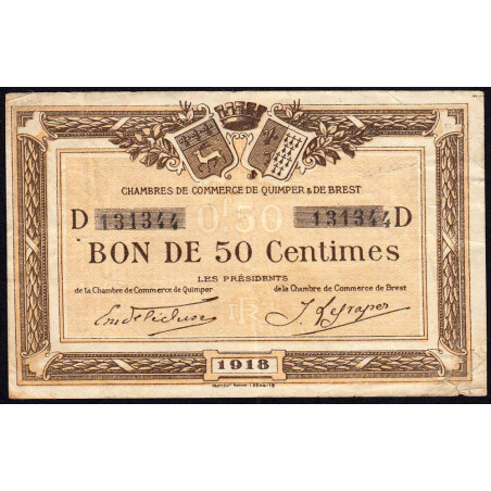 Quimper et Brest - Pirot 104-10 - 50 centimes - Série D - 1918 - Etat : TB