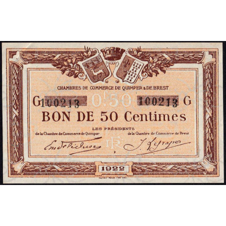 Quimper et Brest - Pirot 104-22 - 50 centimes - Série G - 1922 - Etat : SUP+