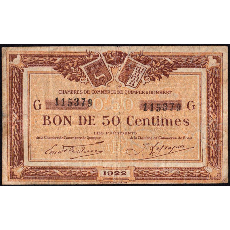 Quimper et Brest - Pirot 104-22 - 50 centimes - Série G - 1922 - Etat : B+