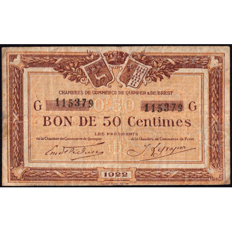 Quimper et Brest - Pirot 104-22 - 50 centimes - Série G - 1922 - Etat : B+