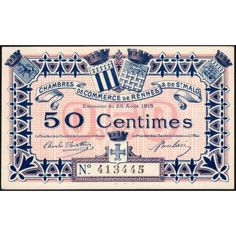 Rennes et Saint-Malo - Pirot 105-1 - 50 centimes - Sans série - 25/08/1915 - Etat : NEUF