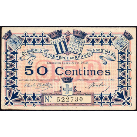 Rennes et Saint-Malo - Pirot 105-1 - 50 centimes - Sans série - 25/08/1915 - Etat : TTB+