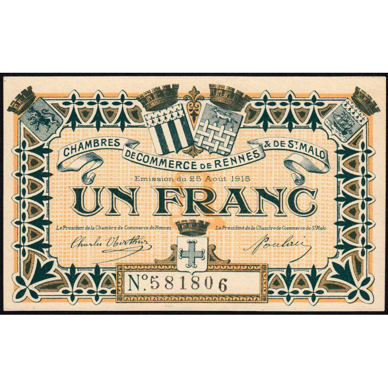 Rennes et Saint-Malo - Pirot 105-3 - 1 franc - Sans série - 25/08/1915 - Etat : NEUF