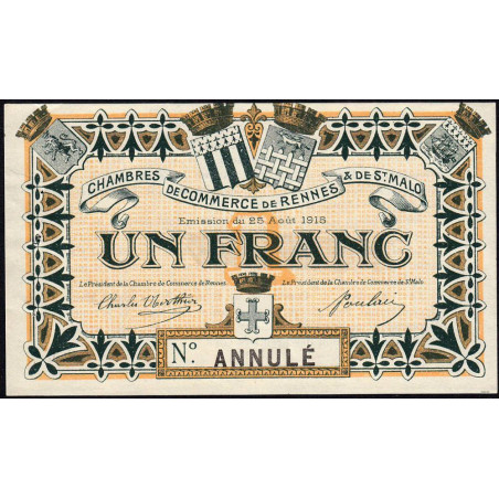 Rennes et Saint-Malo - Pirot 105-4 - 1 franc - 25/08/1915 - Annulé - Etat : SUP