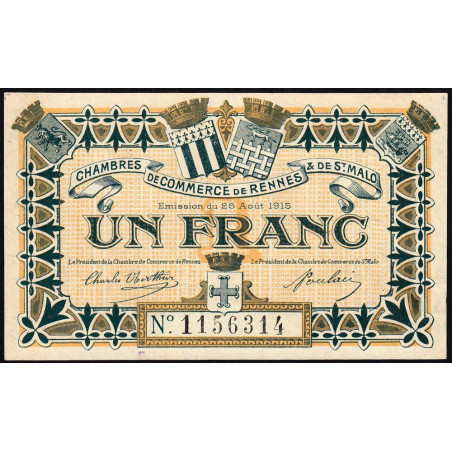 Rennes et Saint-Malo - Pirot 105-7 - 1 franc - Sans série - 25/08/1915 - Etat : TTB+ à SUP