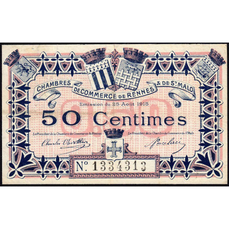 Rennes et Saint-Malo - Pirot 105-8 - 50 centimes - Sans série - 25/08/1915 - Etat : TTB