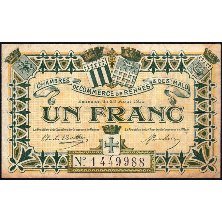 Rennes et Saint-Malo - Pirot 105-9 - 1 franc - Sans série - 25/08/1915 - Etat : TB