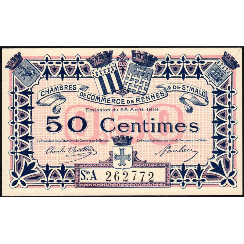 Rennes et Saint-Malo - Pirot 105-10 - 50 centimes - Série A - 25/08/1915 - Etat : SPL