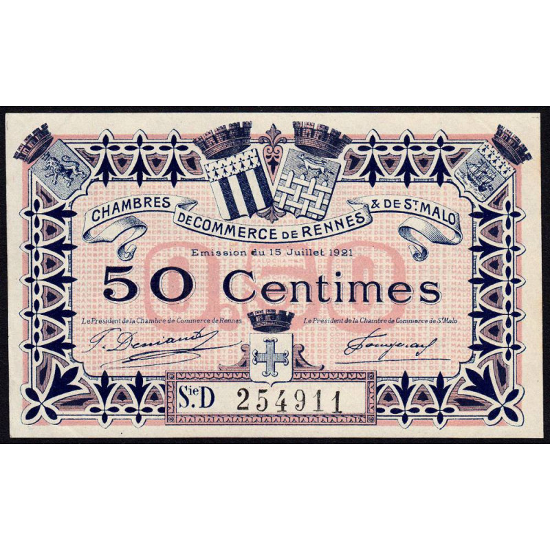 Rennes et Saint-Malo - Pirot 105-19 - 50 centimes - Série D - 15/07/1921 - Etat : SPL