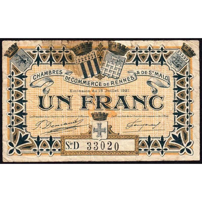 Rennes et Saint-Malo - Pirot 105-20 - 1 franc - Série D - 15/07/1921 - Etat : B+